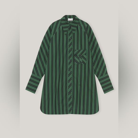 GANNI Oversized Striped Organic Cotton-poplin Mini Shirt Dress Green Black L /XL - Picture 3 of 12